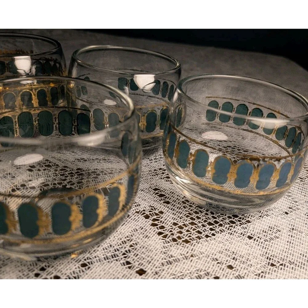 Culver Emerald Scroll Roly Poly Lowball Glasses Coronet MCM 60s Cocktail Set 5pc